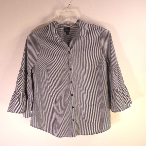 Worthington Button Down Blouse Tiered Bell Sleeve Black White Stripes Size Large - Picture 1 of 6